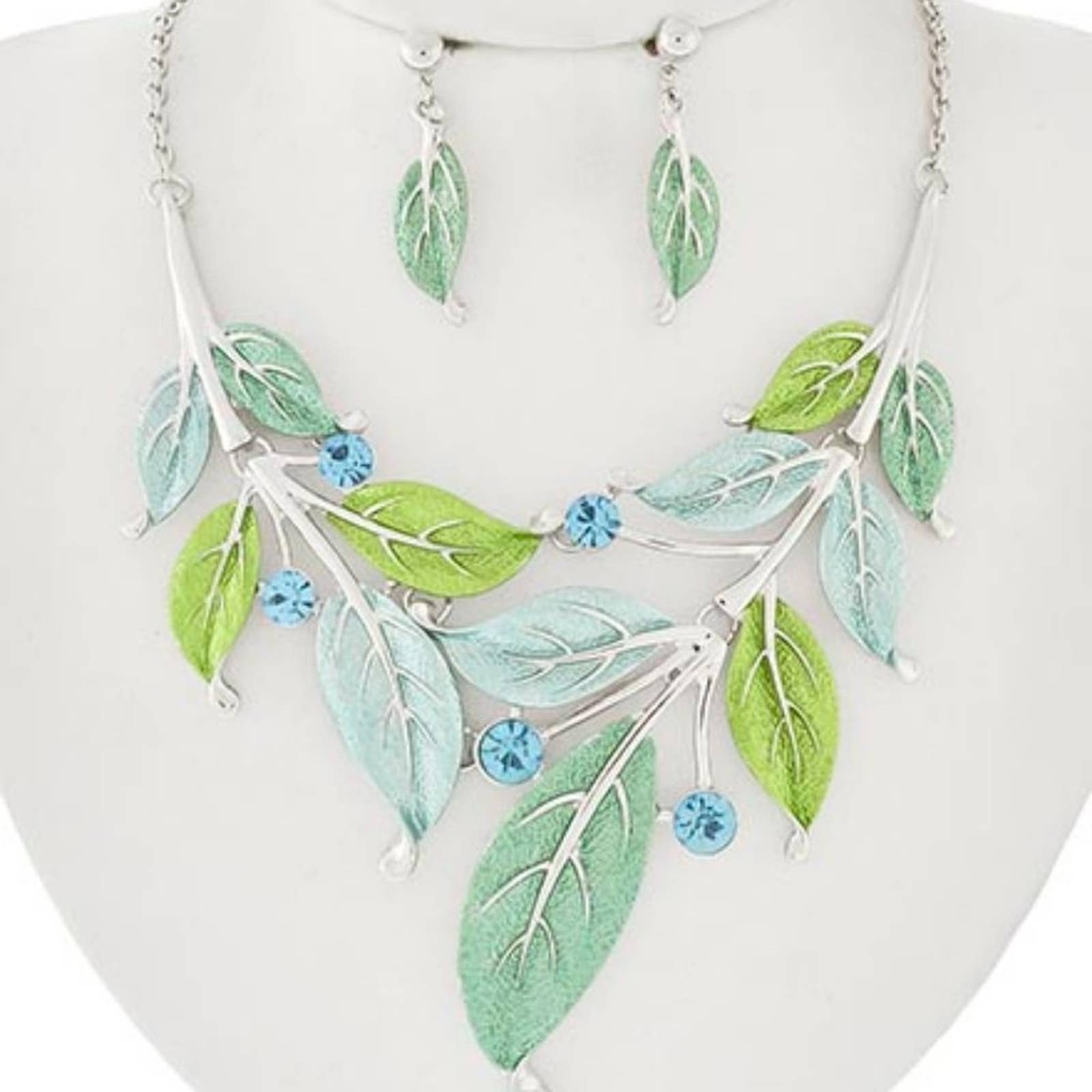 Blue & Green Rhinestone Leaf Necklace & Earrings Statement Set